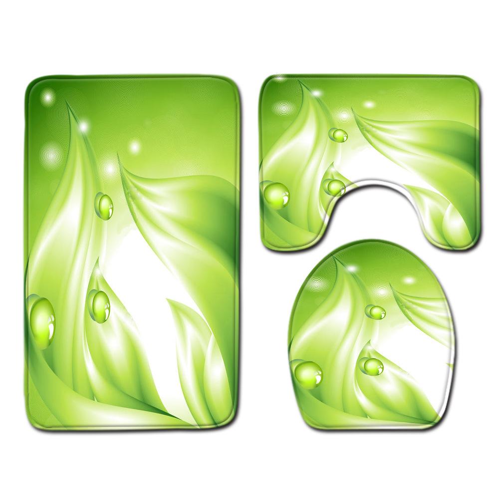 Toilet Three-Piece Bathroom Decorative Floor Mat Doormat Combination Water Drop Green Leaves Natural Scenery