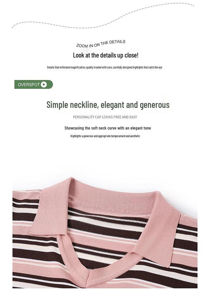Stylish Striped Ice Silk Short Sleeve T-shirt for Middle-Aged Women