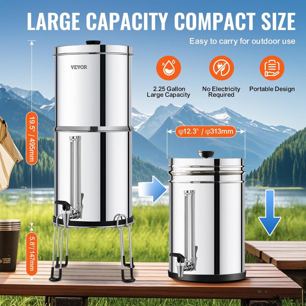 Gravity-fed Water Filter System, 2.25G 304 Stainless-Steel Countertop Water Filtration System, Reduces Lead and Up To 99% of Chlorine, with 2 Ceramic