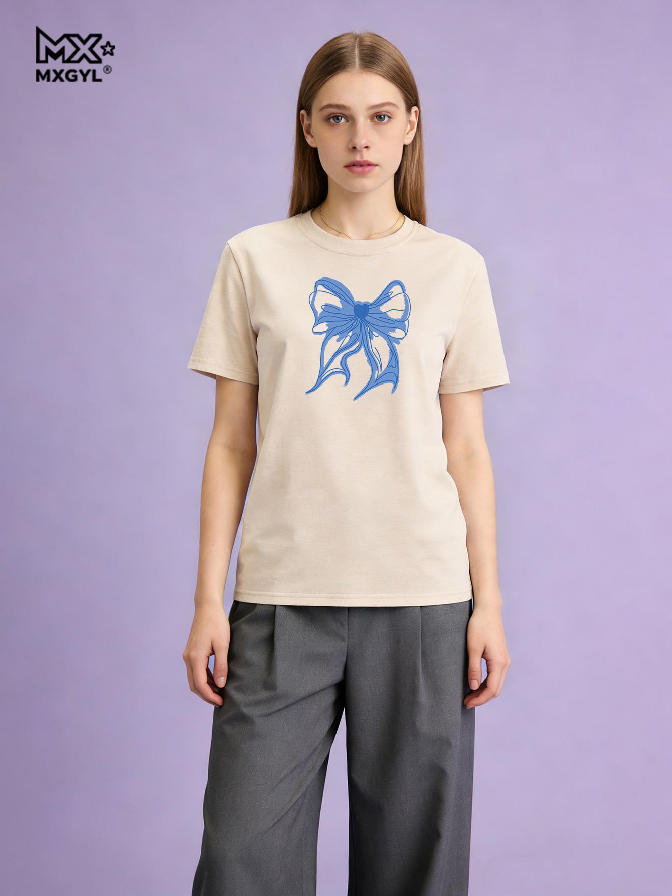 

Bow T-shirt Bow Top Tide Round Neck Large Size Retro Short-sleeved T-shirt Women s Fashion Clothing Tee 5xl бежевий