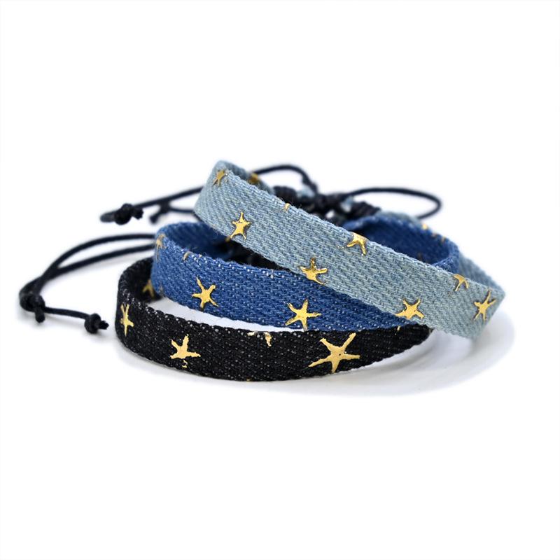 Vintage Star Pattern Blue Literary Denim Fabric Bracelet For Women Men Gothic Ethnic Handwoven Wrist Strap Fashion Jewelry Gift