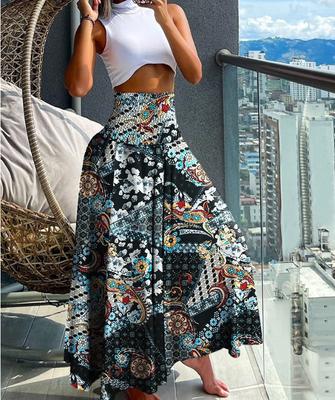 Women  Casual Loose Boho Elastic Waist A-Line Beach Flowy Swing Vacation Floral Printing Maxi Skirt