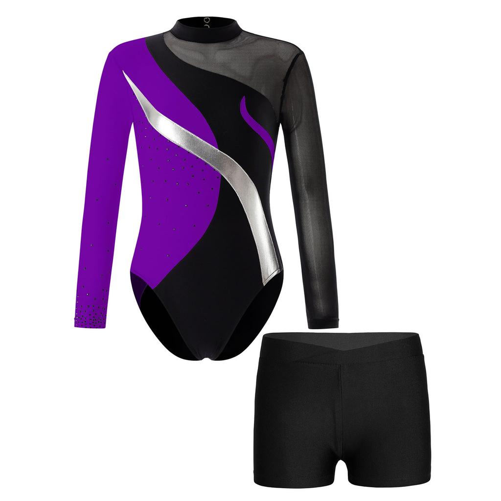 Dziecięce dziewczynki Łyżwiarstwo figurowe Gimnastyka Kostium Dżetów Hollow Back Patchwork Trykot z długim rękawem i spodenkami