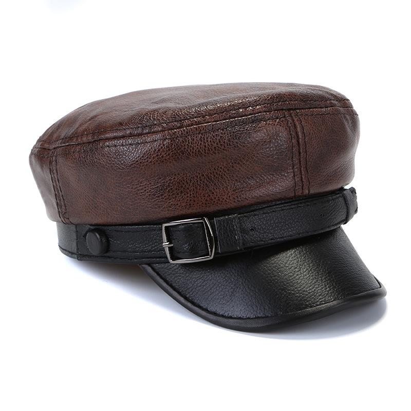 Korean Style Genuine Leather Duckbill Cap for Men & Women - Autumn/Winter Flat Top Military Biker Cap