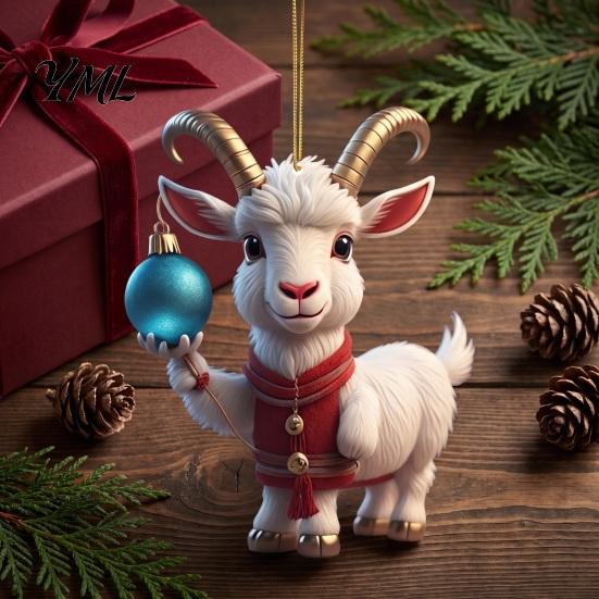 Holiday Car Interior Decor 2D Acrylic Goat Christmas Hanging Ornament, 3.15 Inch Farm Animal Xmas Tree Lightweight Crafts Decoration for Rear