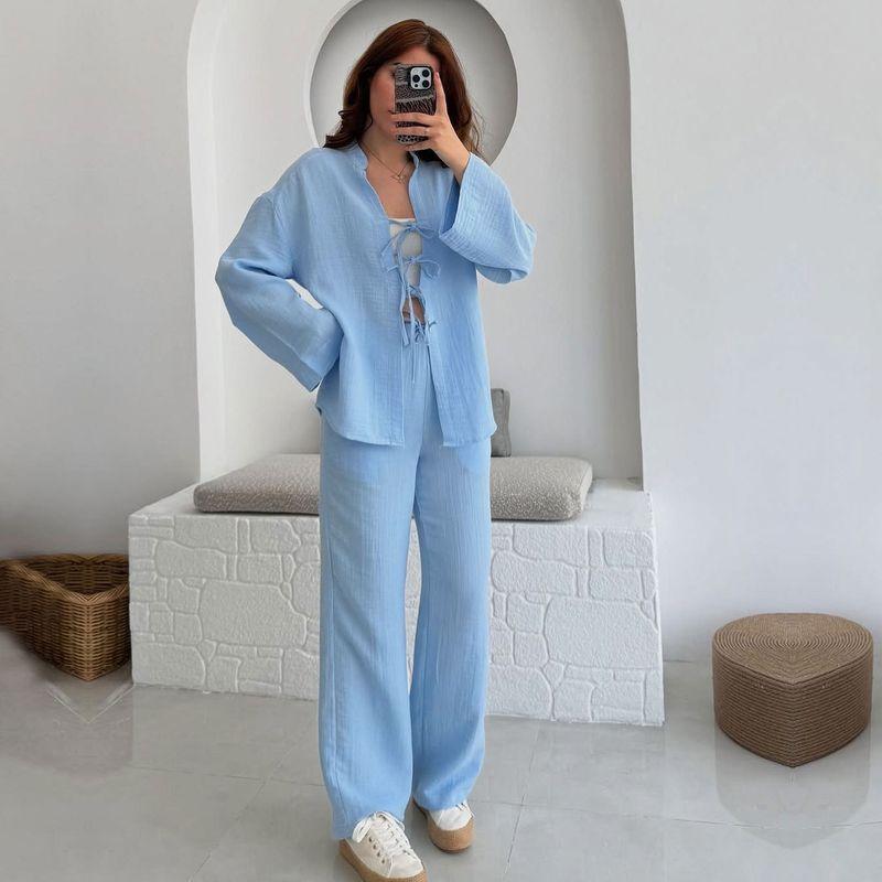 

Western Style Fashion Casual Loose Lace-up Top Trousers Set Lace up Top and Pants Set Light Blue M