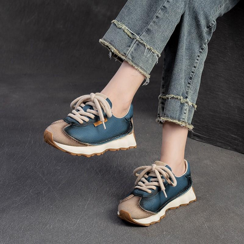 Johnature Genuine Leather Sneakers Versatile Casual Sports Shoes Round Toe Lacd-up Women's Flat Shoes