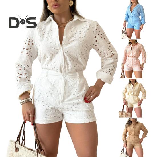 Women's Summer Eyelet Two Piece Outfit Long Sleeve Button Down Shirt with High Waist Shorts Casual Lounge Matching Suit