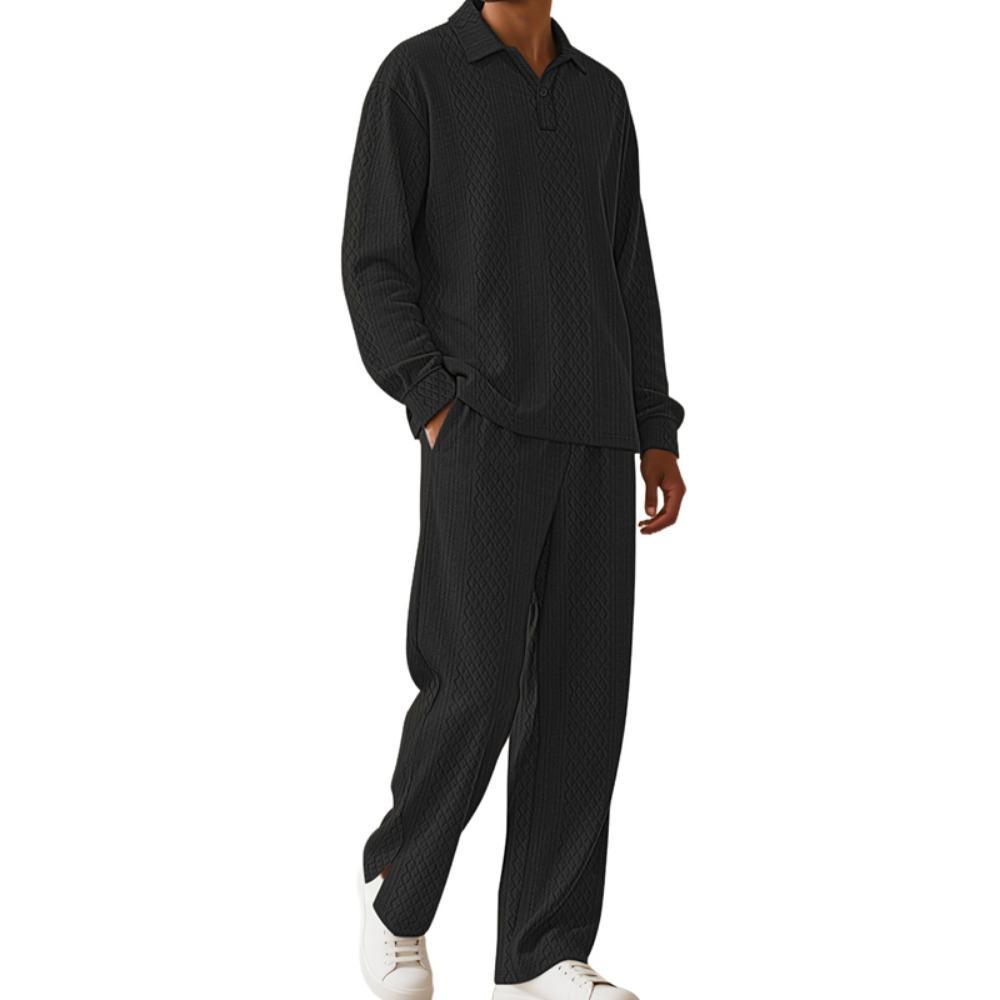 

Spring Autumn New Men s Casual Sportswear Button Tracksuit Men Long-sleeved Polo Shirt +Long Sets Jacquard Sports Suit XXXL чёрный