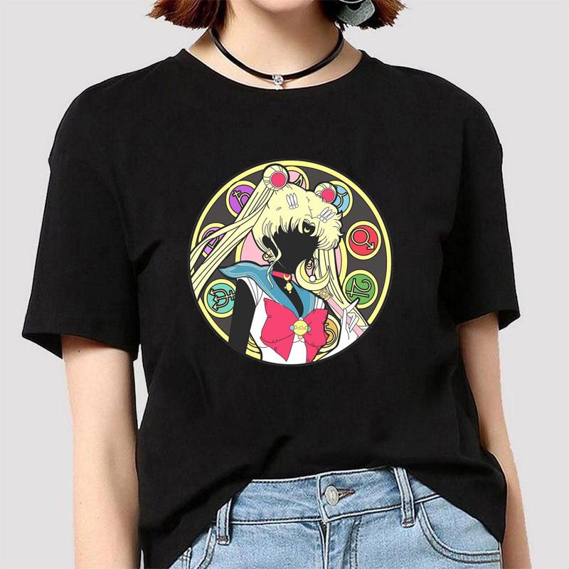 Anime Sailor Moon 18 Different Patterns Summer Printed Casual Black Short Sleeves Cotton Tops O Neck Women T Shirts