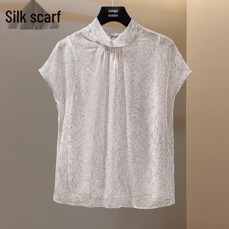 Women s Printed Tie-Neck Loose Short-Sleeve Blouse L