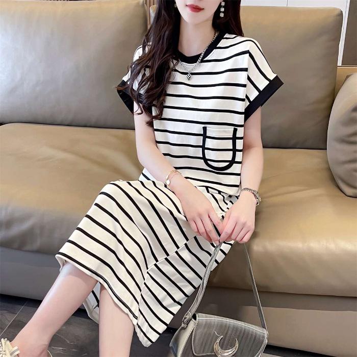 Long Loose and Thin Striped Dress, New Summer Niche Design Casual T-shirt Skirt