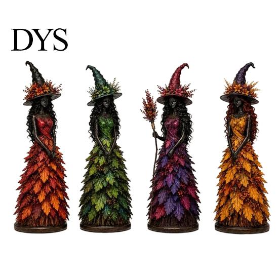 Spooky Halloween Party Decoration Autumn Witch Figurine, Fall Tabletop Statue with Leaf Harvest Home Decor Gown, Seasonal Resin for Mantel Shelf