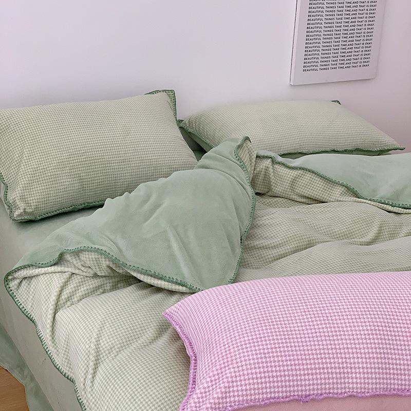 Thickened Milk Fleece Nordic Simple Small Thousand Bird Grid Bed Four-Piece Coral Fleece 1.5M 1.8 Double-Sided