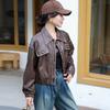 Short Leather Jacket for Women, Spring and Autumn, Small, High-end, Korean Style, Loose, Casual, Versatile, Topstitched Leather Jacket, Coat