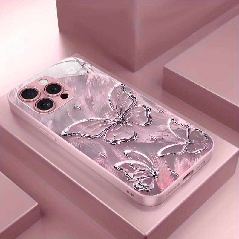 Glänzendes Schmetterlingsmuster Rosa Metallic Lack Glas Harte Handyhülle Für iPhone 17Air 17 16 15 14 13 12 11 Pro Max Plus 16E Hülle
