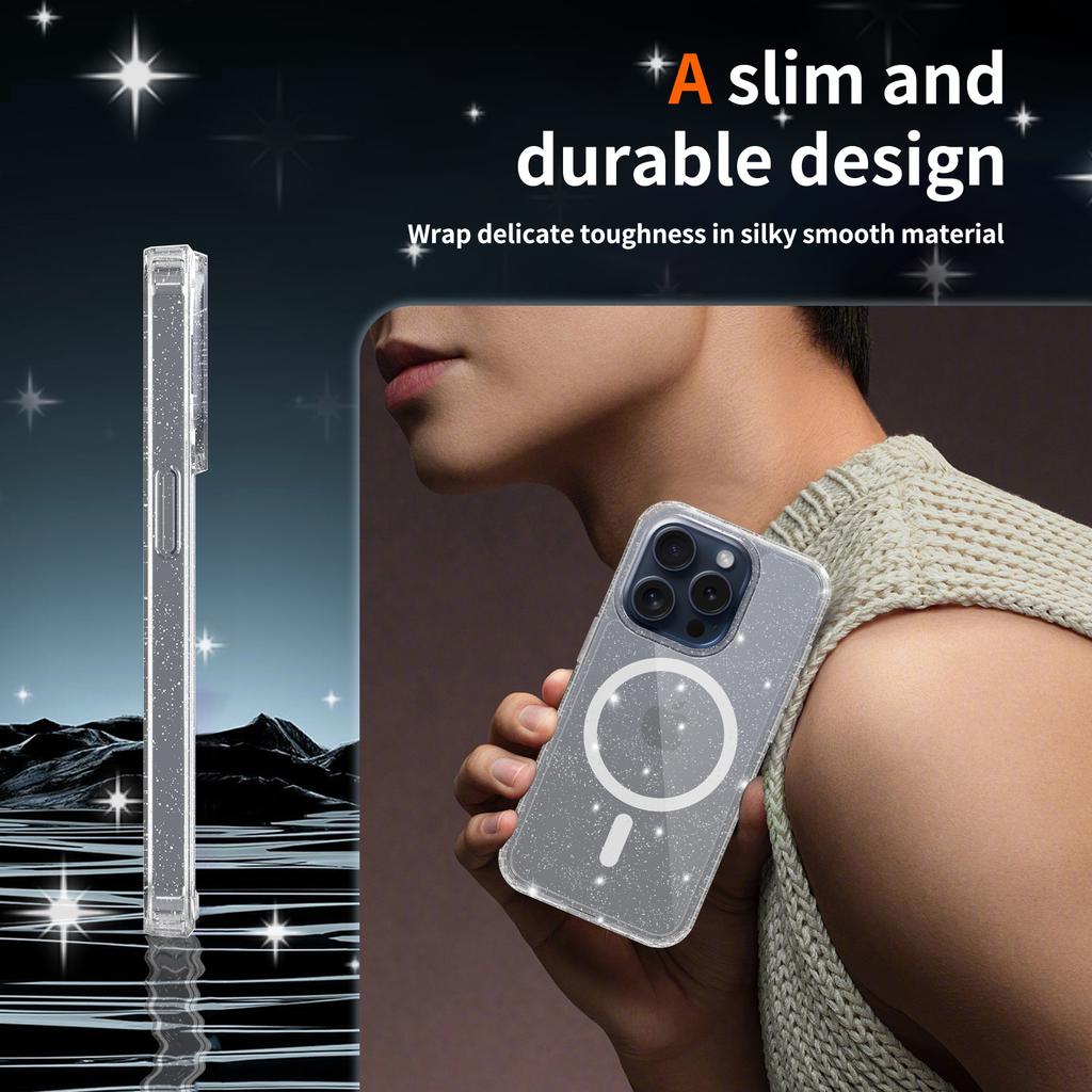 Anti-Yellowing Glitter Clear Case for Magsafe Iphone 17 Air 16 E 15 15Pro 14 Plus 13 Pro Max 13Pro 14Pro 16Pro 17Pro Mag Safe Phone Cover