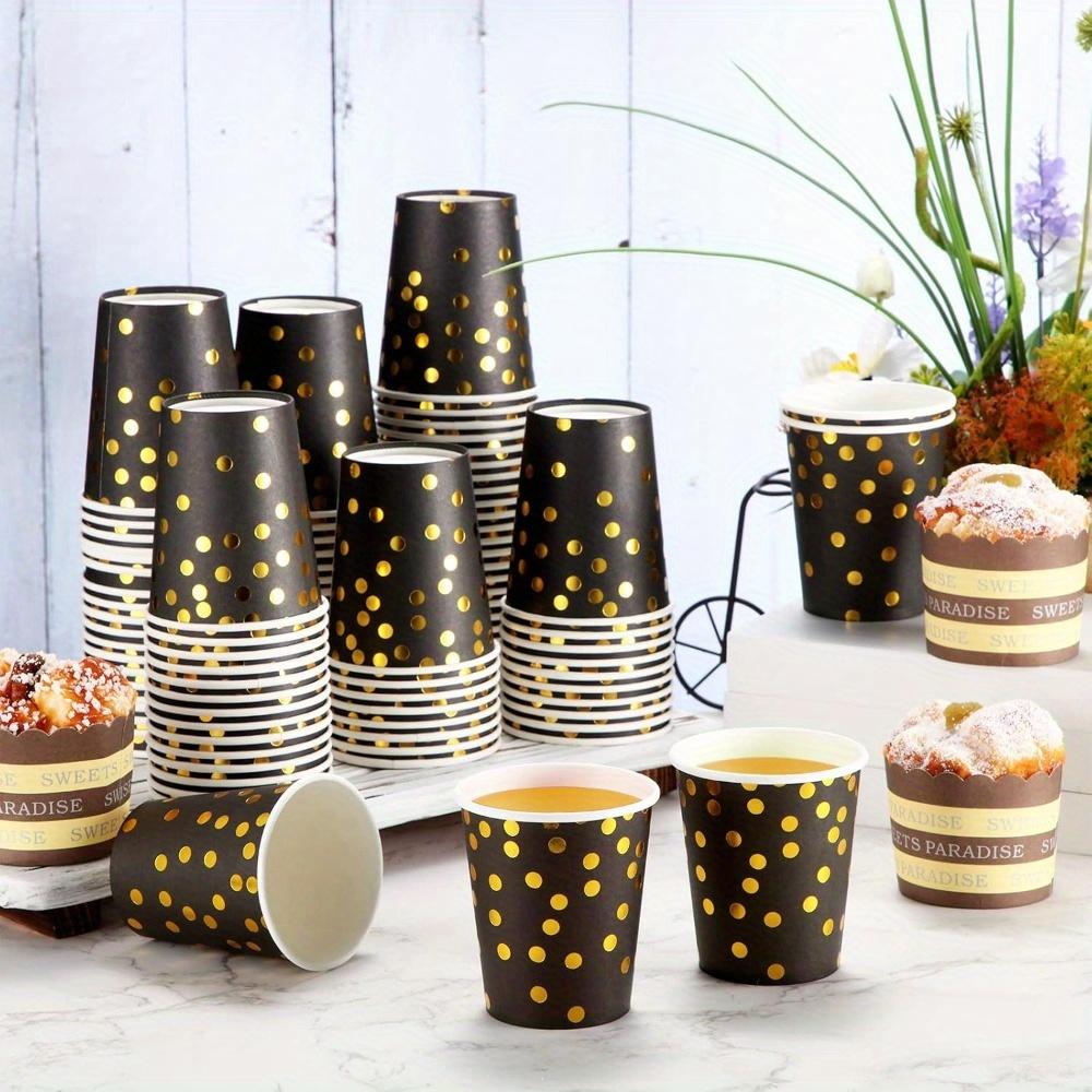 50pcs Disposable Paper Cups Back To School Polka Dot Shot 9 Oz Coffee Drinkware Cup Black and Golden Paper Cups Golden Foiled Dot Paper Cup