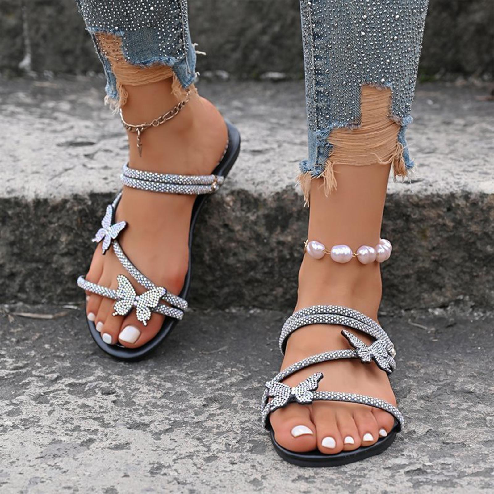 

Summer butterfly with rhinestone, low heel, flat bottom, two pairs of sandals 36 чёрный