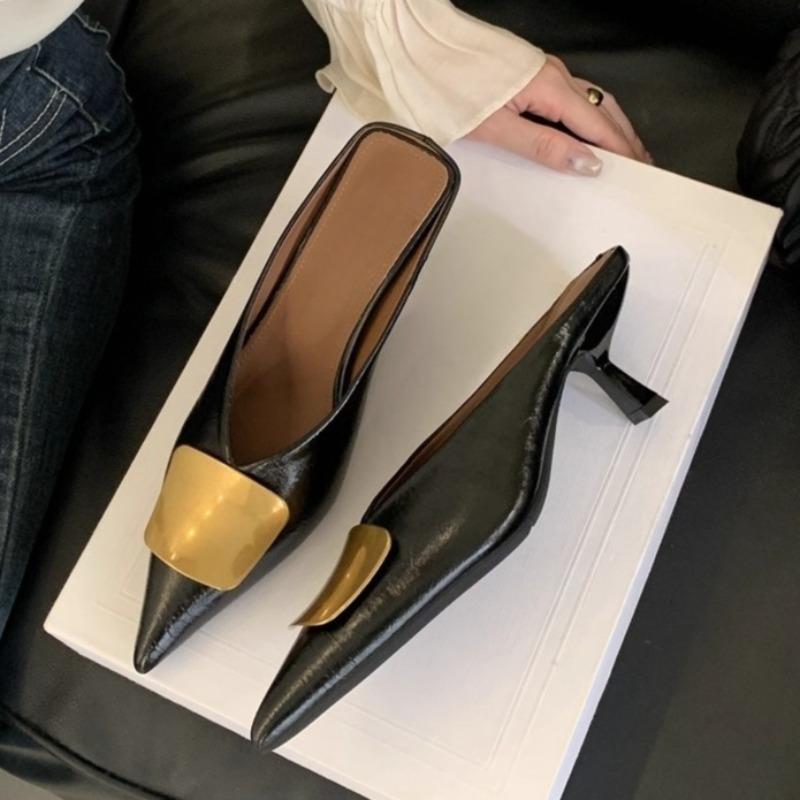 Fashion Stiletto Half-Stand Summer New Fashion Pointed Toe Shallow Mouth Metal Buckle Non-Slip High Heels