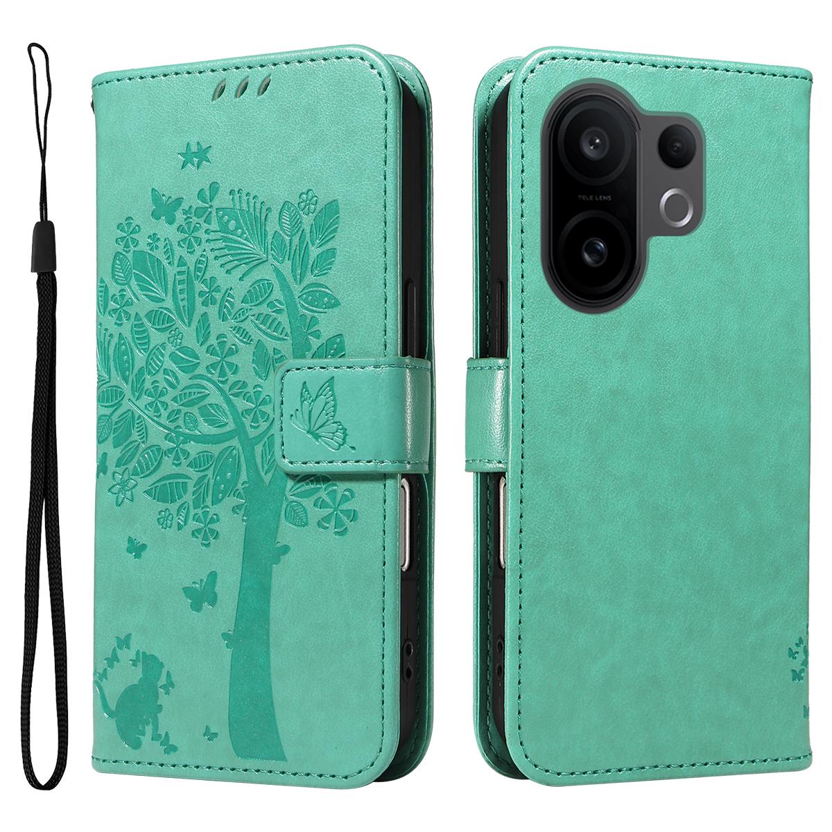 

For vivo X200 FE 5G/vivo S30 Pro mini 5G Phone Case with Stand Cat Tree Pattern Leather Wallet Mobile Cover Green