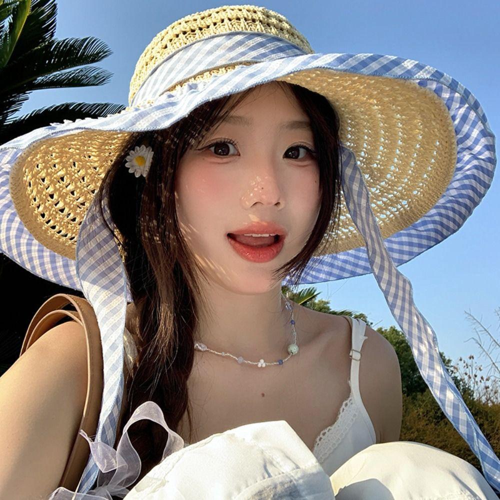 Blue Grid Woven Hat Wide Brim Fisherman Hat Fashion Sun Cap Summer