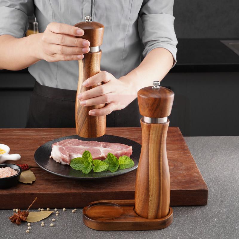 Acacia Wood Pepper and Sea Salt Grinder Set with Ceramic Core and Steel Ring