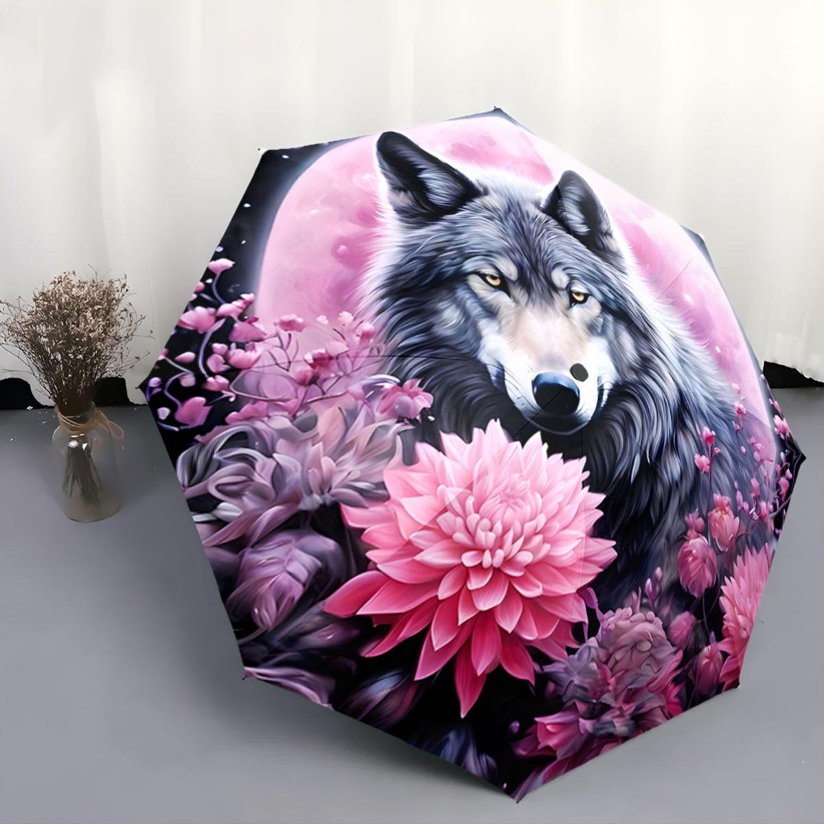 

Automatic Folding Umbrella with Wolf & Pink Flowers Design - Portable Collapsible 8-Rib Umbrella for All Seasons, Stylish Outd Iron&8K