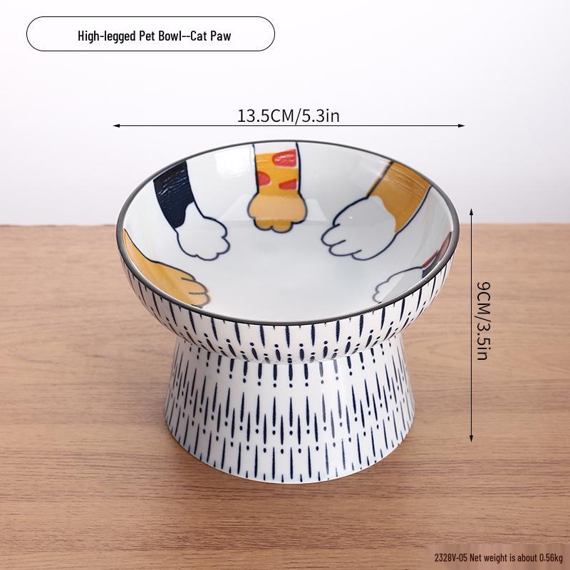 Slanted Ceramic Cat Bowl: Cute, Hand-Painted, Neck-Protecting, Multi-Functional Elevated Bowl for Food & Water
