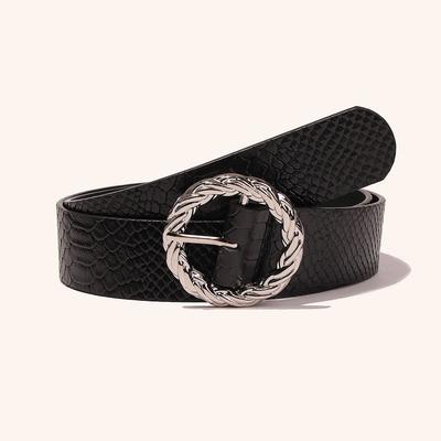 All-match Women's Belt Snake Pattern Round Buckle Brown Black White PU Belt Large Size Women's Belt One Size Women's Belt