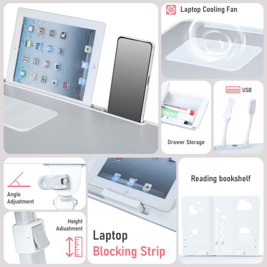Laptop Lap Desk, Laptop Bed Tray Table, Adjustable Lap Desk with Light Fan, Folding Laptop Desk for Bed with USB, Bed Desk with Storage Drawer