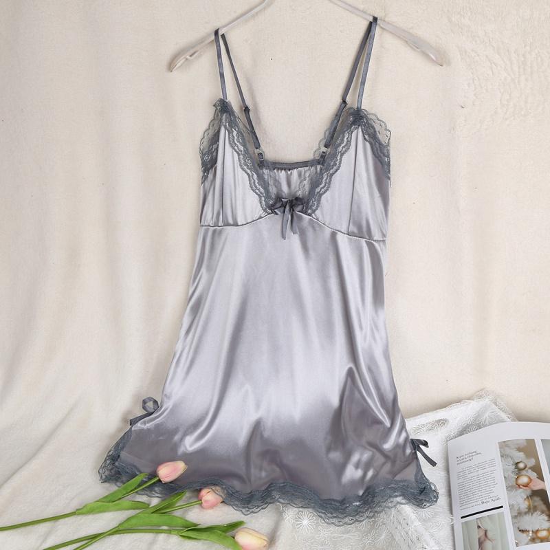 Women Silk Lace Nightgown V-Neck Spaghetti Straps Nightdress Sleepwear