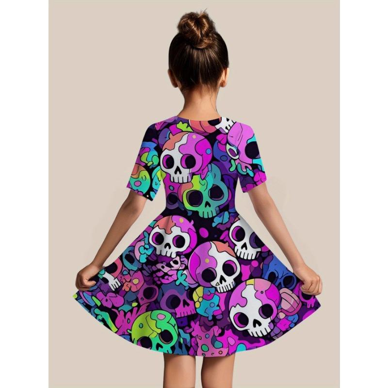 [Holidays And Birthdays] A Colorful, Print Short-Sleeve Dress Featuring a 3D Digital Fashion Design with a Whimsical Skull Pattern,