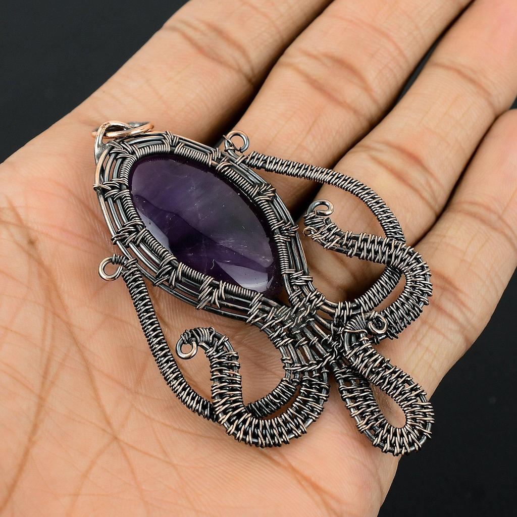 Amethyst Pendant Gemstone Jewelry, 999 Copper Wire Wrapped Pendant, Gift For Women Handmade Pendant