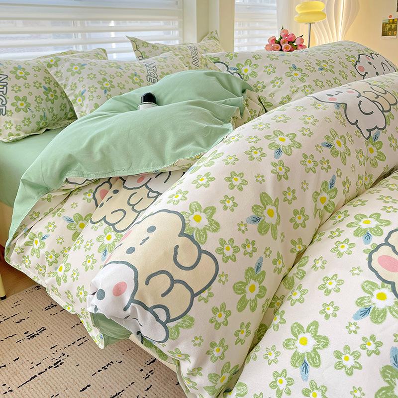 Class A Maternal Infant Grade Small Fresh Pure Cotton Abraded 4-Pcs Set, Skin-Friendly Bed Sheet Washed Cotton Quilt Cover, Dormitory 3-Piece Set