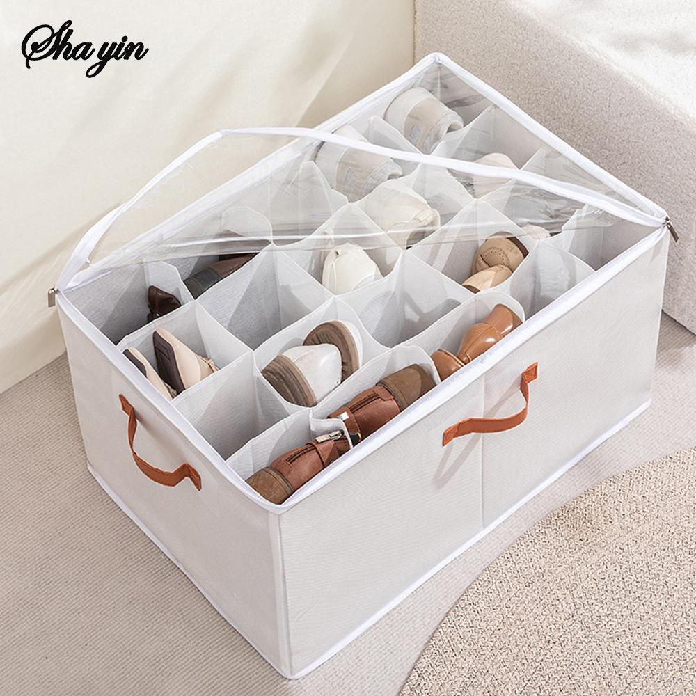 Multifunctional Grid Storage Shoe Box Cross-border Foldable Fabric with Cover Dustproof and Washable Sundries Storage Box