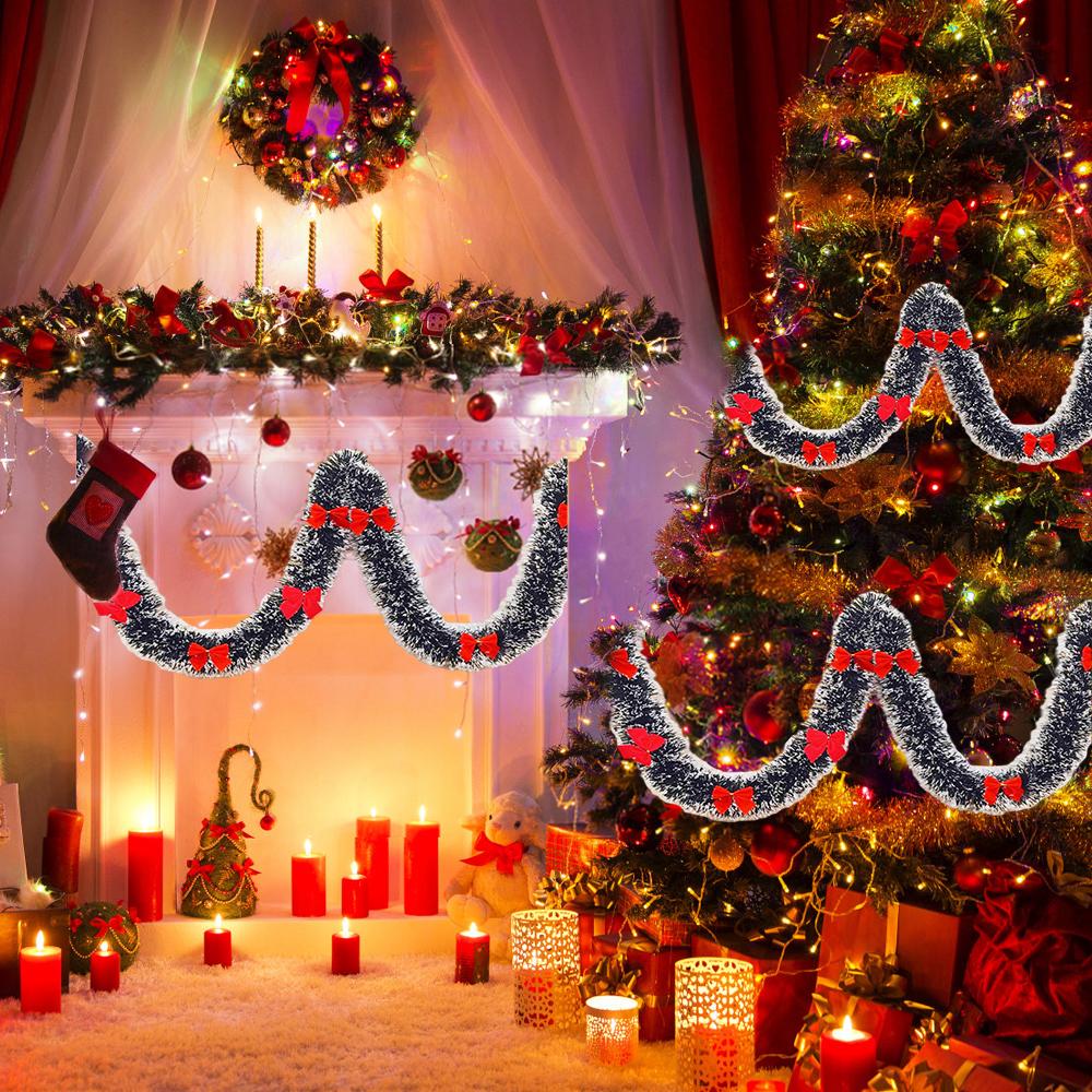 Christmas Tinsel Garland Green Cane Ribbons with Bow Xmas Tree Wreath Hanging Ornaments Home New Year Party Decoration Supplies