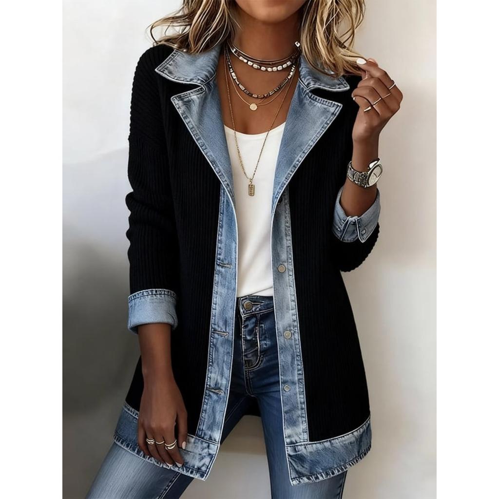 Women's Notched Collar Long Sleeve Denim Patchwork Open Front Knit Cardigan Casual Jacket