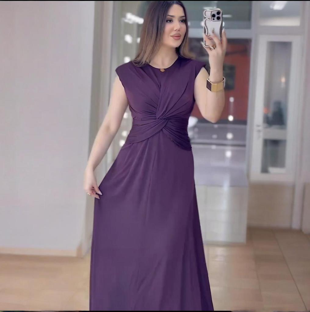 2025 Summer European & American Women's Sleeveless Solid Color Evening Dress with Round Neck