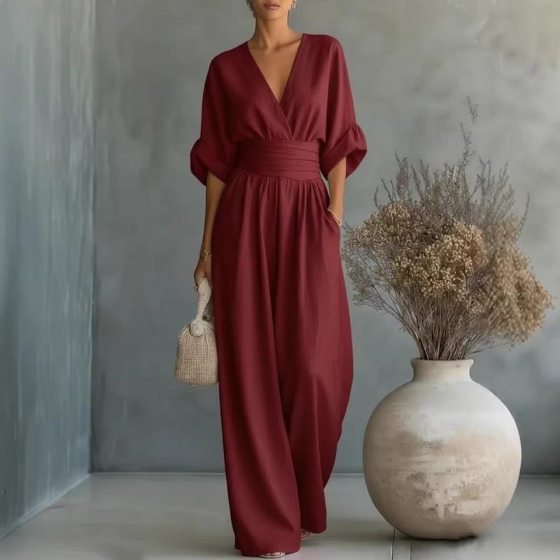 2026 Womens Solid Color V-Neck Jumpsuit High-Waisted Wide-Leg Slim Fit Long Sleeve Lightweight Office Chic