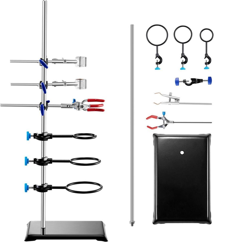 Lab Stand Support, Laboratory Retort Support Stand Set, Steel Lab Stand 23.6" Rod and 8.3" x 5.3" Cast Iron Base, Includes Flask Clamps, a Burette