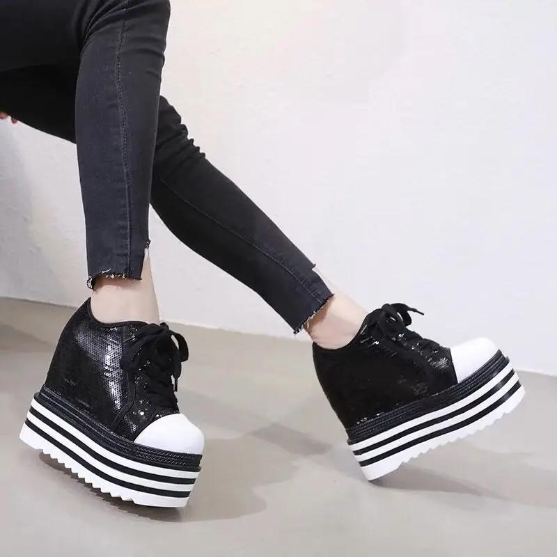 Fashion Autumn Women High Platform Shoes Height Increasing Casual Shoes 14 CM Thick Sole Trainers Breathable Shoes Women Sneakers