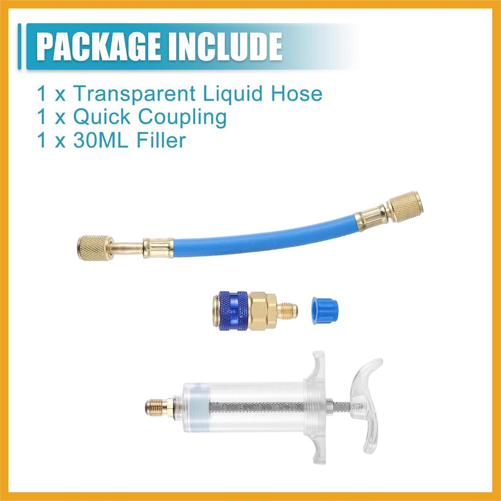 Oil and Dye Injectors Kit 30ml/1 Oz Hand Push Compressor Manual AC Oil Dye Injector with Quick Coupler 1/4 SAE Connector Car HVAC Compressor Oil Dye