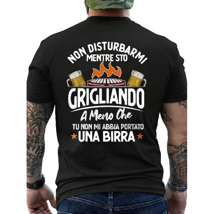 Funny Men's Italian Beer T-Shirt - Italian Phrase Print and Beer Mug on the Back with Grill Design - 100% Casual for BBQ Parties - Italian Phrase