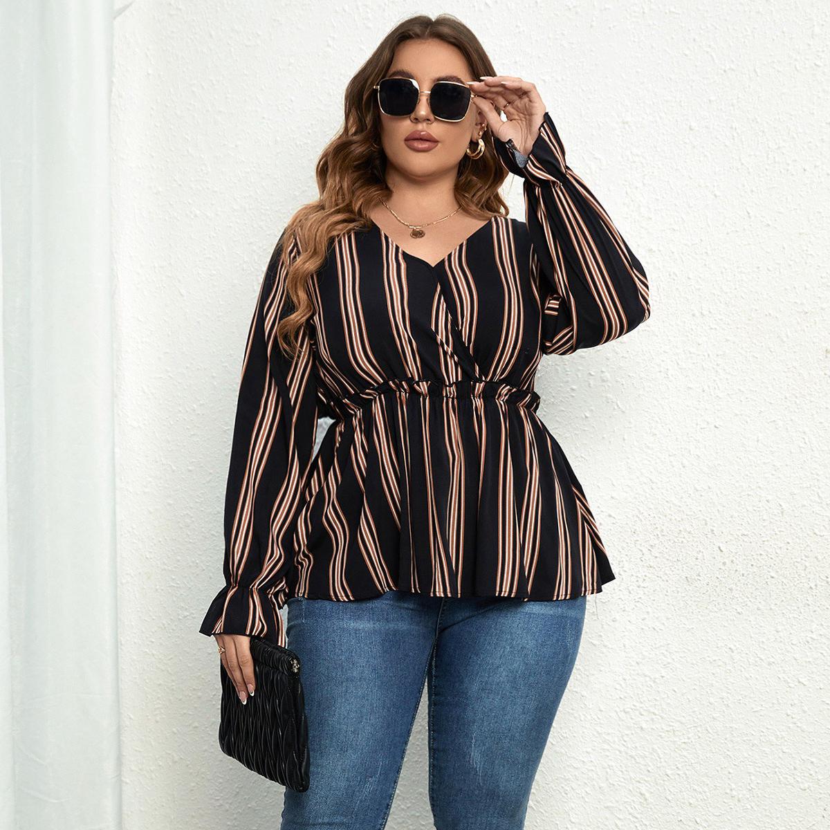 

Пуловер с v-образным вырезом и полосатым принтом для женщин, с длинными рукавами с рюшами и высокой талией, с баской, летняя футболка, повседневная рубашка для поездок на работу, дышащая тонкая рубашка плюс 2XL чёрный