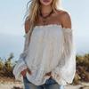 Off Shoulder Mode Kant Gaas Dames Blouse Lente Zomer Elegante Losse Lange Mouw Shirts Dames Casual Uitgesneden Effen Kleur Zoete Tops