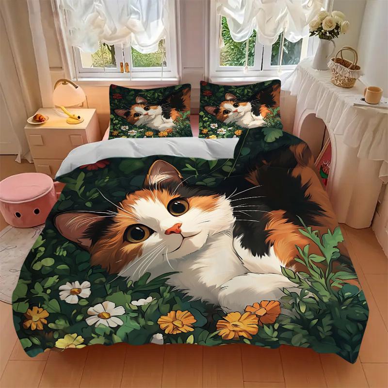 3pcs Orange Cat & Flower Theme Printed Quilt Set - Includes 1 Quilt Cover and 2 Pillowcases, Machine Washable - Suitable for All Seasons.N071