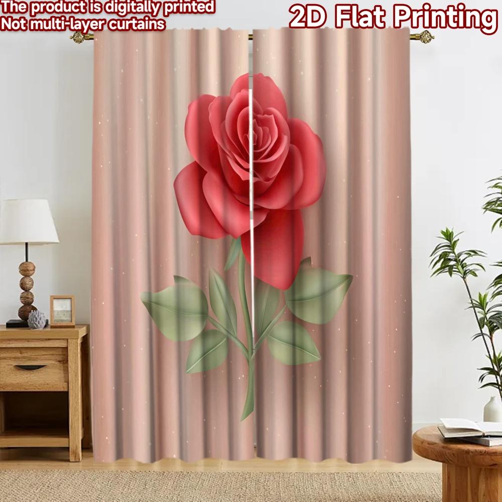 2D flat printing 2pcs Curtain Party Curtains Valentine's Red Rose Digital Printed Polyester Drapes Family Party Decoration Use
