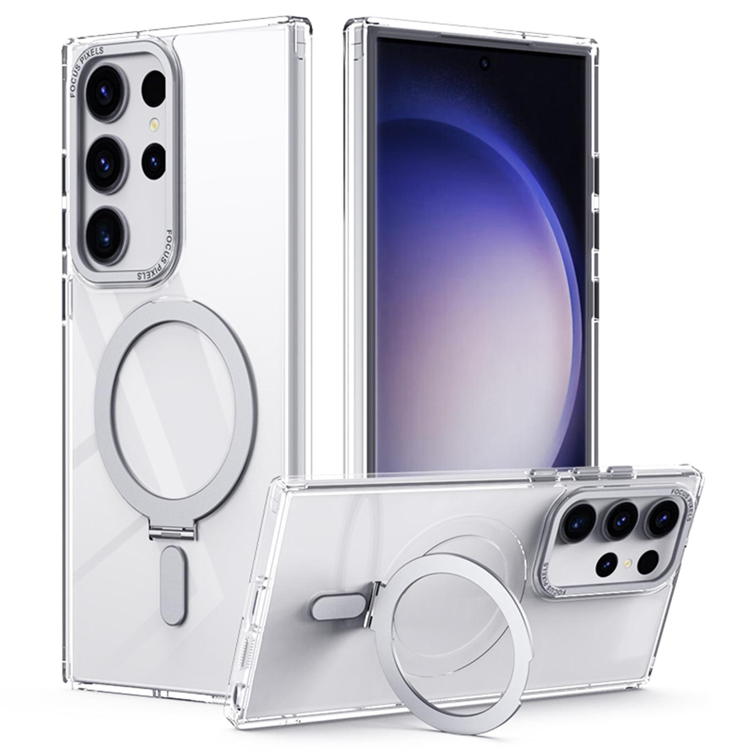 

For Samsung Galaxy S23 Ultra Matte Magnetic Phone Case TPU+Acrylic Phone Cover with Ring Kickstand Transparent