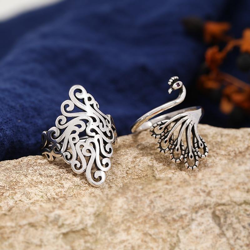 1Pcs Chinese retro style diamond-shaped hollow ring, peacock cloud motif, simple opening ring